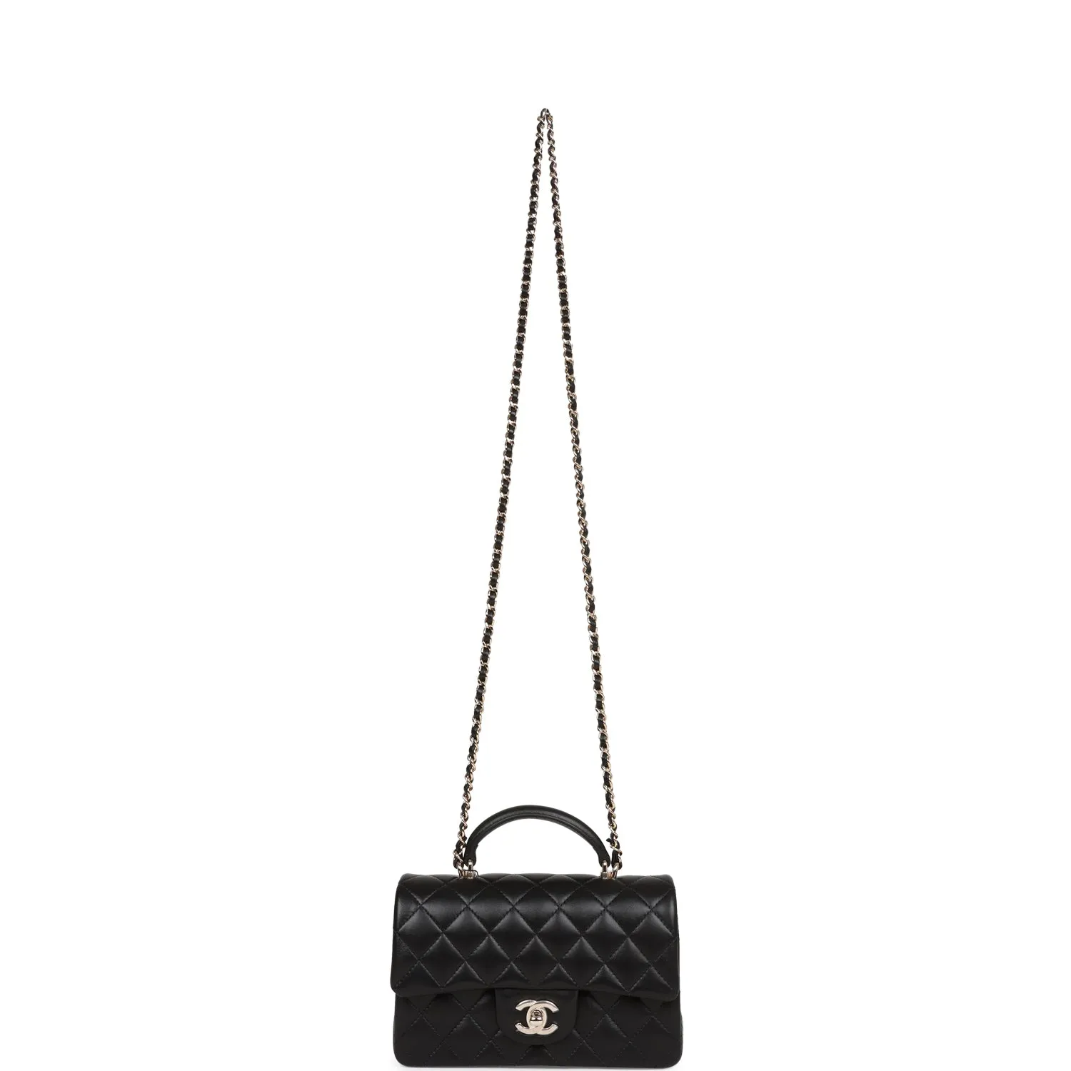 Chanel Mini Rectangular Flap Bag with Top Handle Black Lambskin Light Gold Hardware