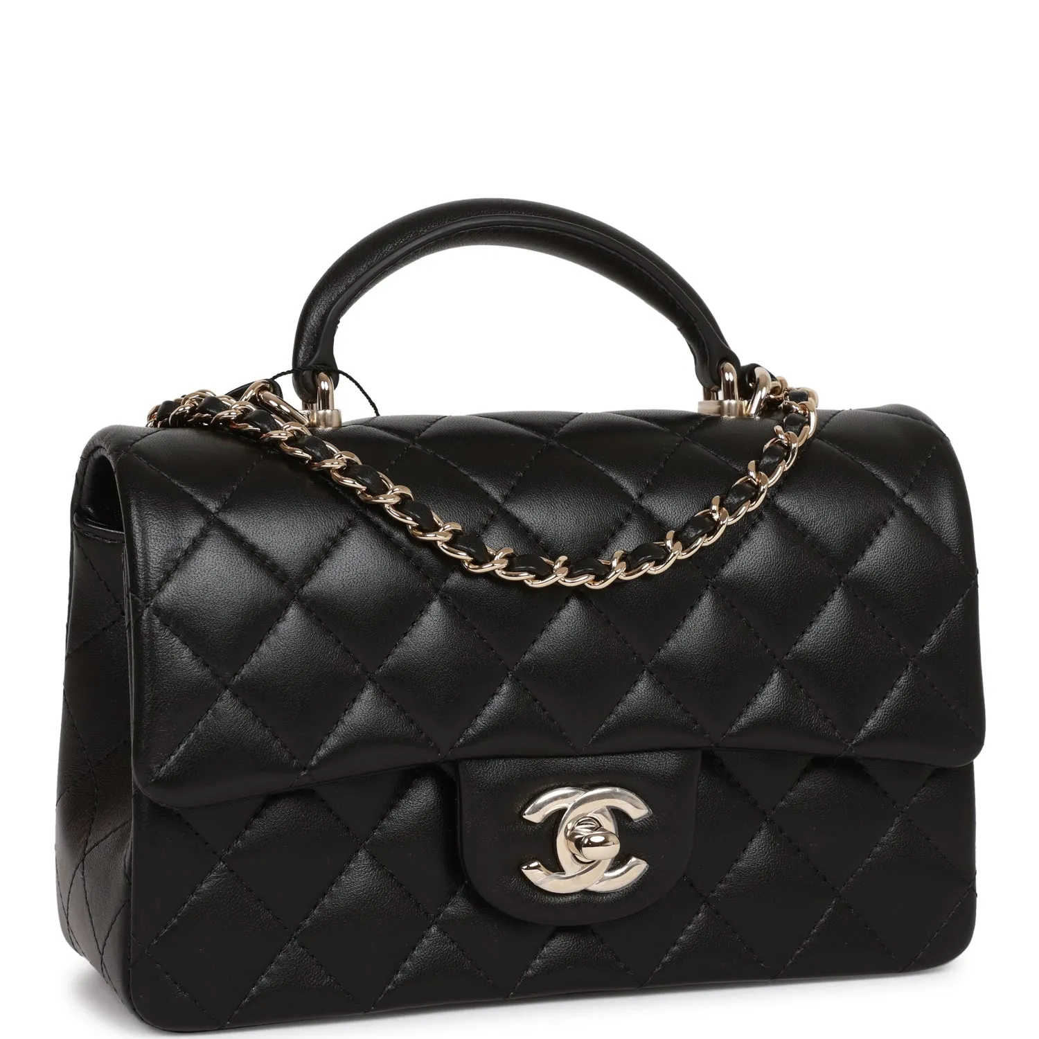 Chanel Mini Rectangular Flap Bag with Top Handle Black Lambskin Light Gold Hardware