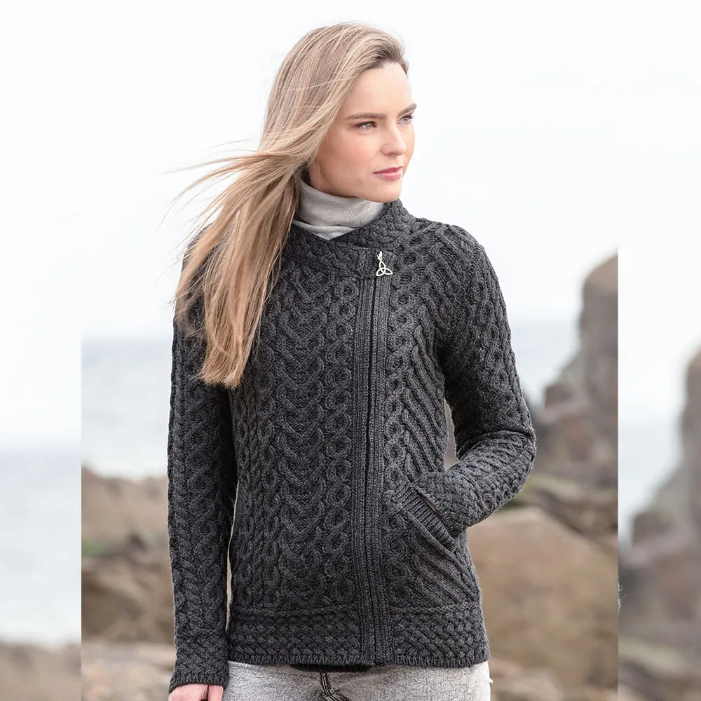 Charcoal Heart Design Side Zip Aran Cardigan