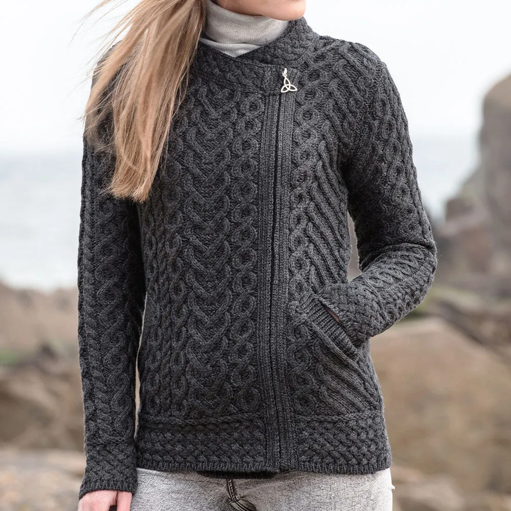 Charcoal Heart Design Side Zip Aran Cardigan
