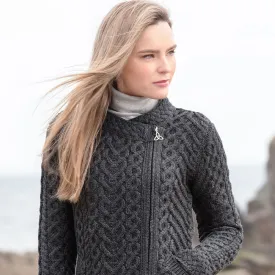 Charcoal Heart Design Side Zip Aran Cardigan
