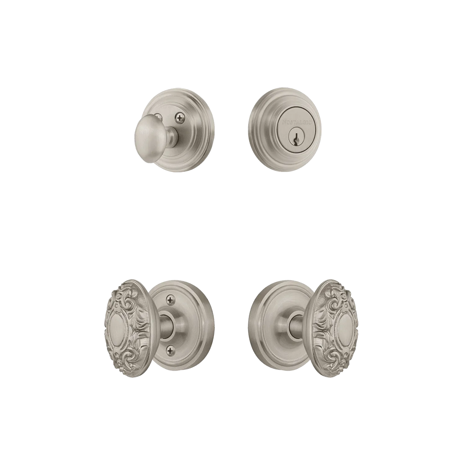 Classic Rosette Entry Set with Victorian Knob in Satin Nickel