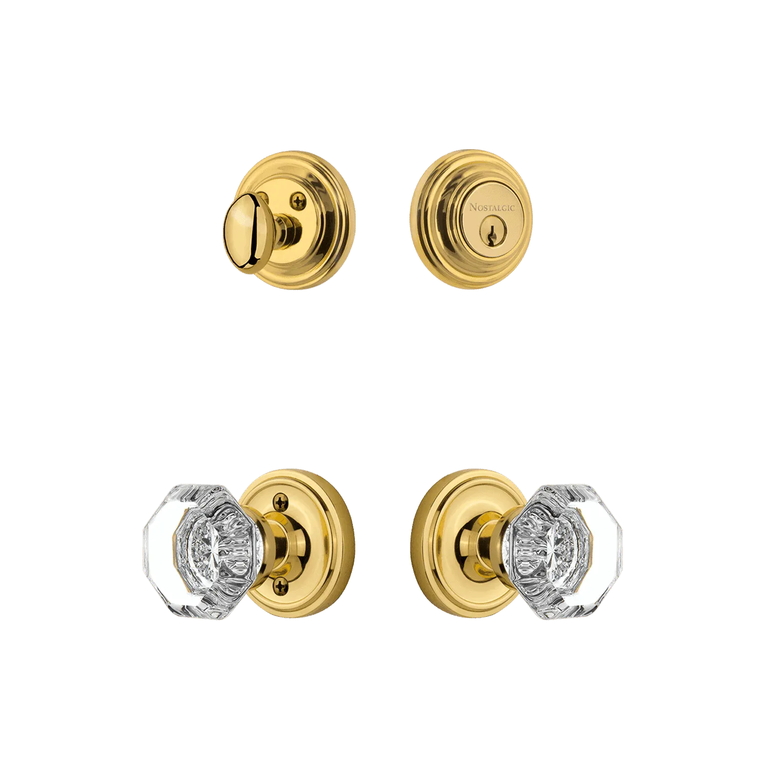 Classic Rosette Entry Set with Waldorf Crystal Knob in Unlacquered Brass