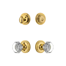 Classic Rosette Entry Set with Waldorf Crystal Knob in Unlacquered Brass