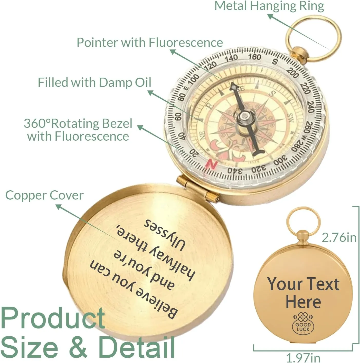 Compass Custom Portable Compasses Keychain with Text Mini Compas with Waterproof Luminous Function Survival Gifts for Men Hiking Camping Hunting Map Navigation Tool
