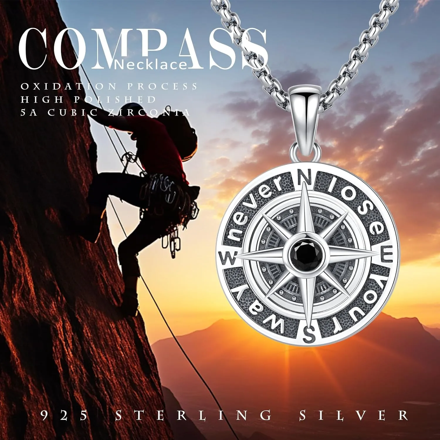Compass Necklace 925 Sterling Silver Compass Pendant Necklace for Men Graduation inspirational Jewelry Gift for Women Men