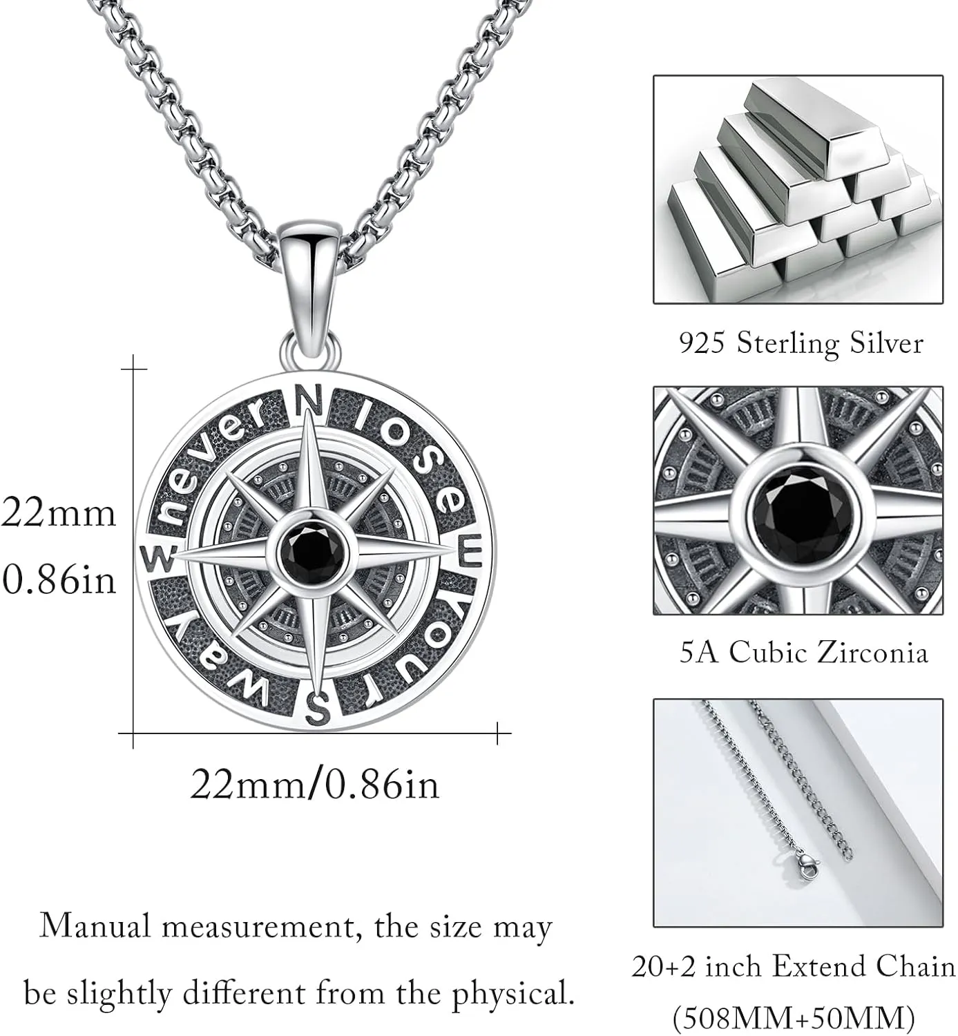 Compass Necklace 925 Sterling Silver Compass Pendant Necklace for Men Graduation inspirational Jewelry Gift for Women Men