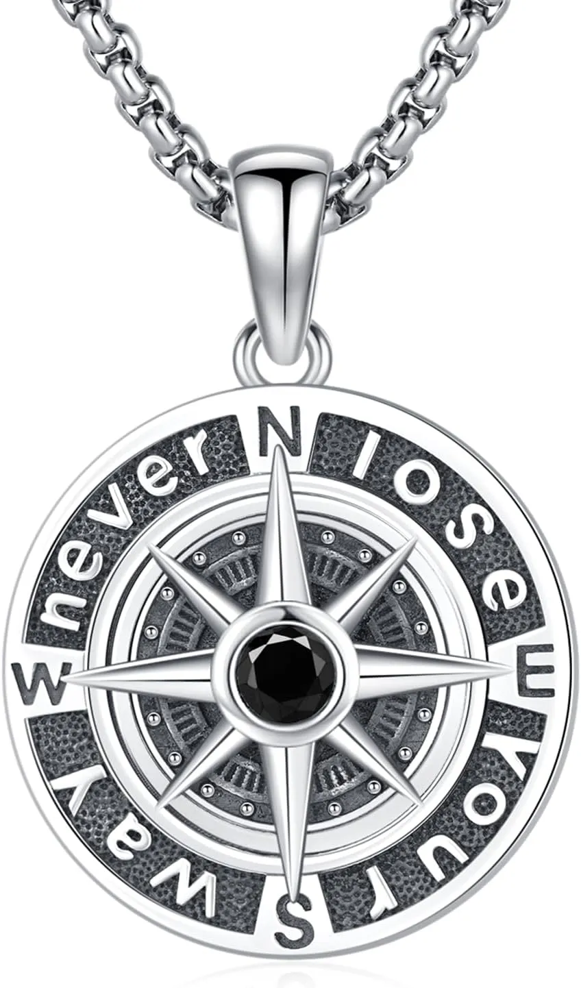 Compass Necklace 925 Sterling Silver Compass Pendant Necklace for Men Graduation inspirational Jewelry Gift for Women Men