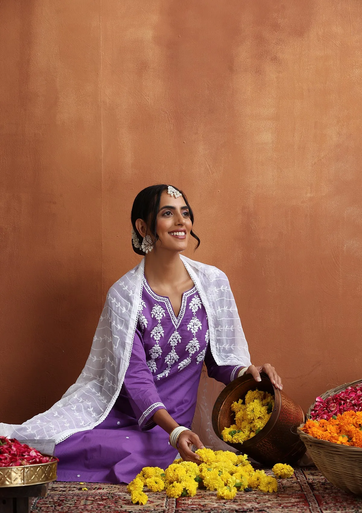 Cotton Chikankari Solid Women's Long Kurta - Purple