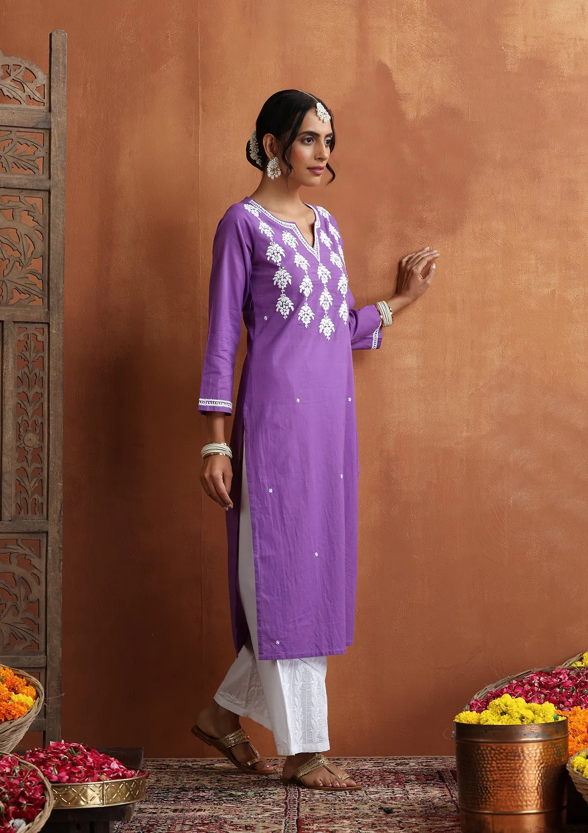 Cotton Chikankari Solid Women's Long Kurta - Purple