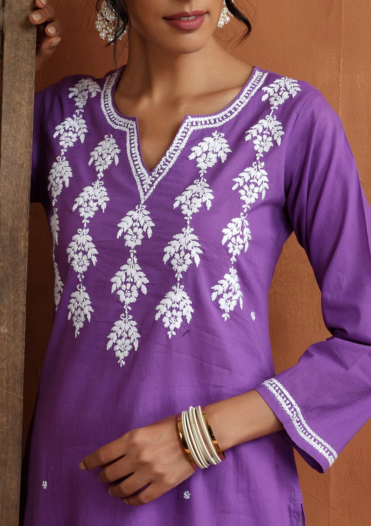 Cotton Chikankari Solid Women's Long Kurta - Purple