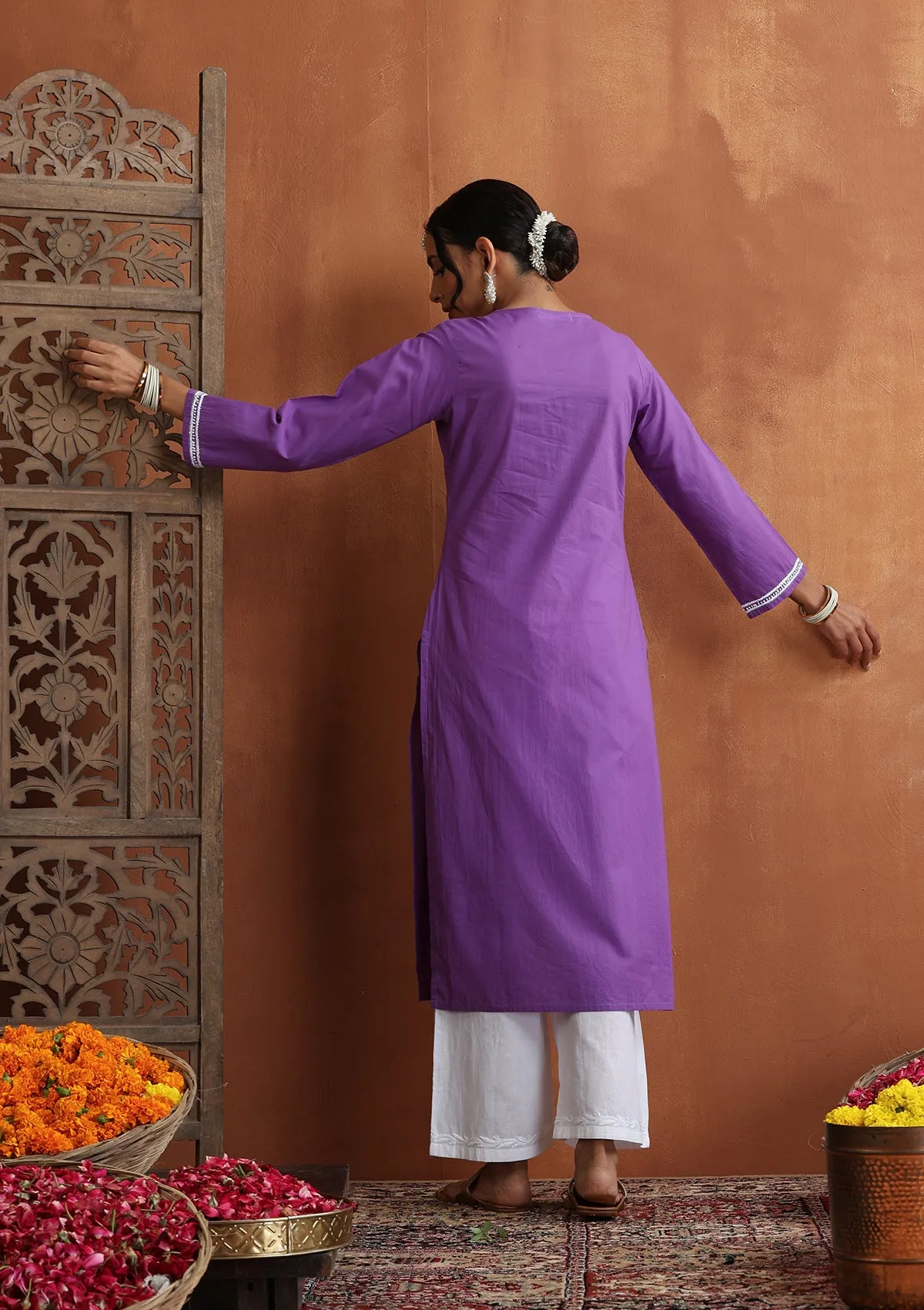 Cotton Chikankari Solid Women's Long Kurta - Purple