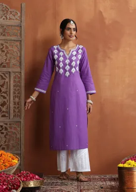 Cotton Chikankari Solid Women's Long Kurta - Purple