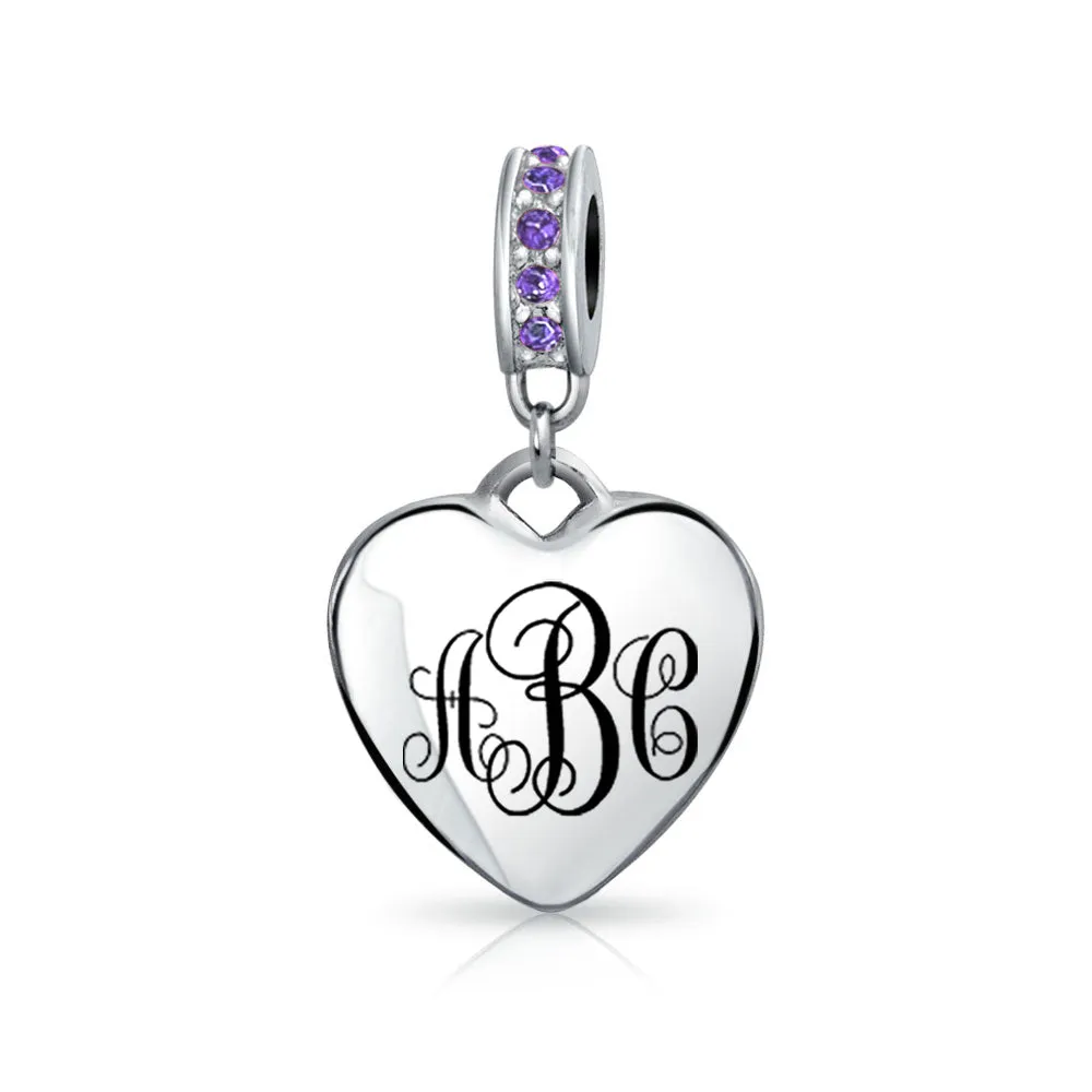 Crystal Accent Dangle Heart Shape Charm Bead .925 Sterling Silver