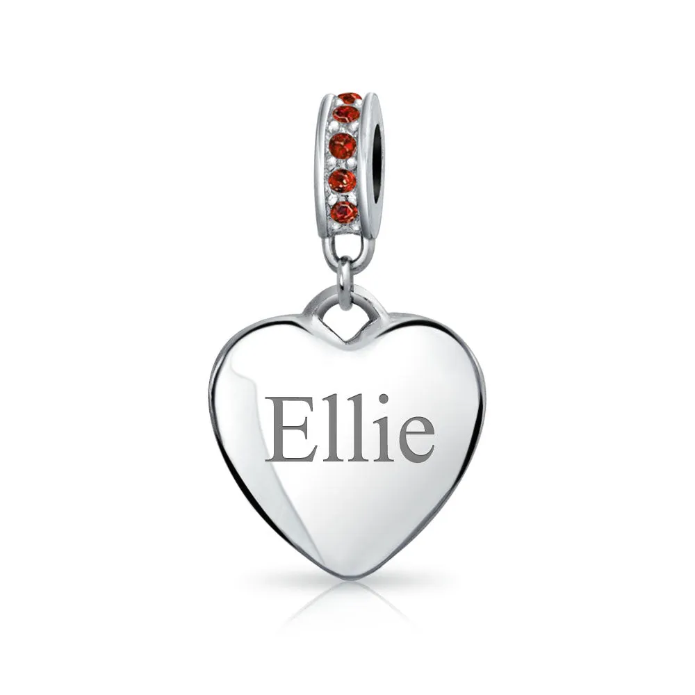 Crystal Accent Dangle Heart Shape Charm Bead .925 Sterling Silver