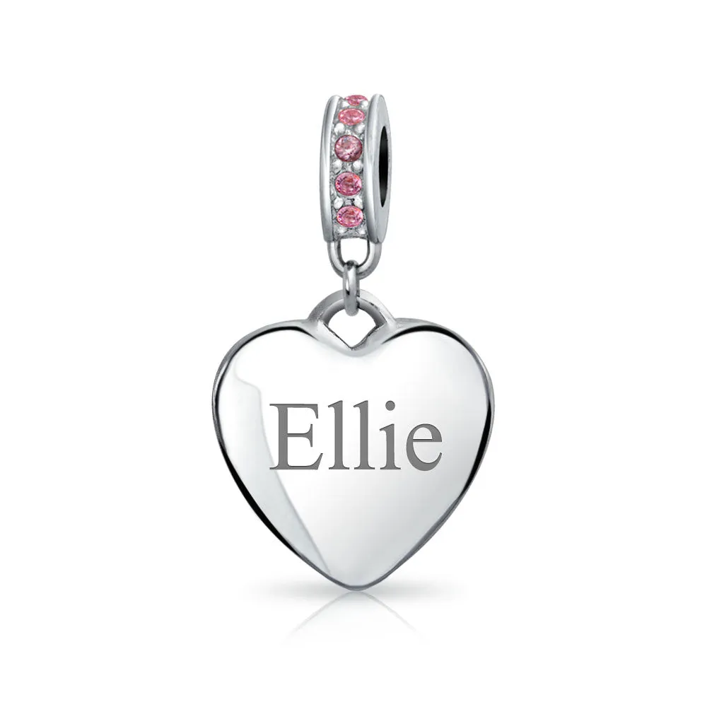 Crystal Accent Dangle Heart Shape Charm Bead .925 Sterling Silver