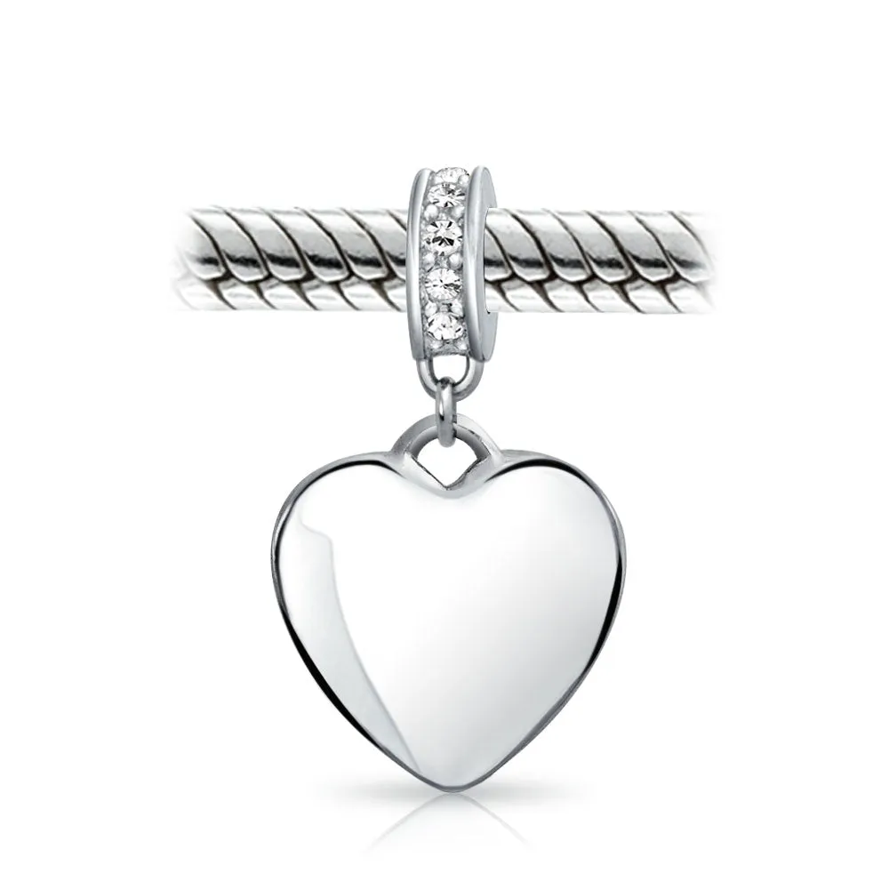 Crystal Accent Dangle Heart Shape Charm Bead .925 Sterling Silver