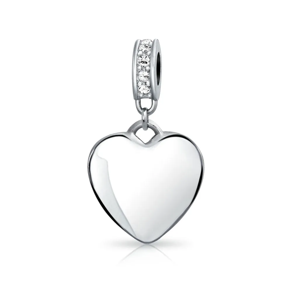 Crystal Accent Dangle Heart Shape Charm Bead .925 Sterling Silver