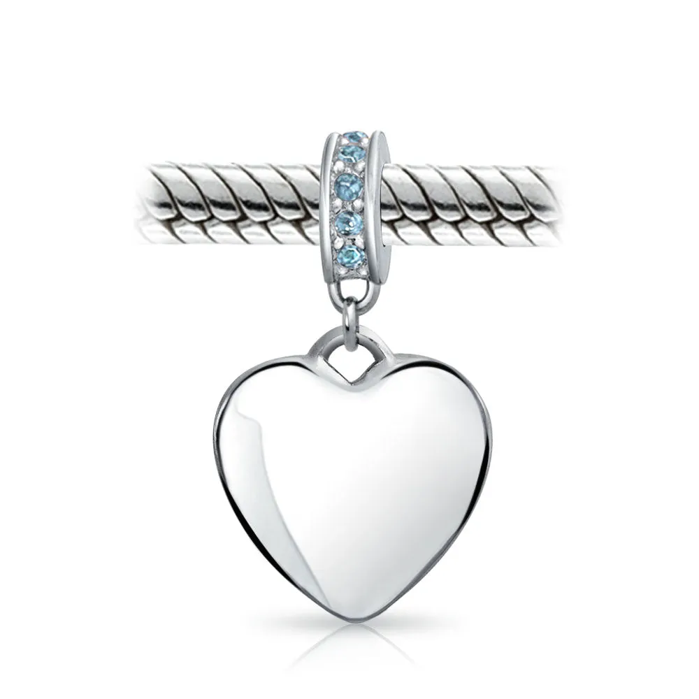 Crystal Accent Dangle Heart Shape Charm Bead .925 Sterling Silver