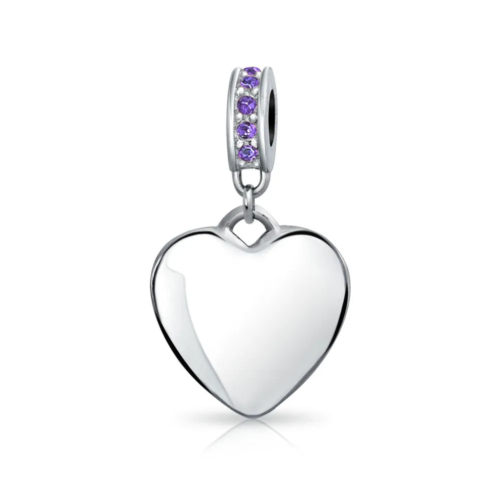 Crystal Accent Dangle Heart Shape Charm Bead .925 Sterling Silver