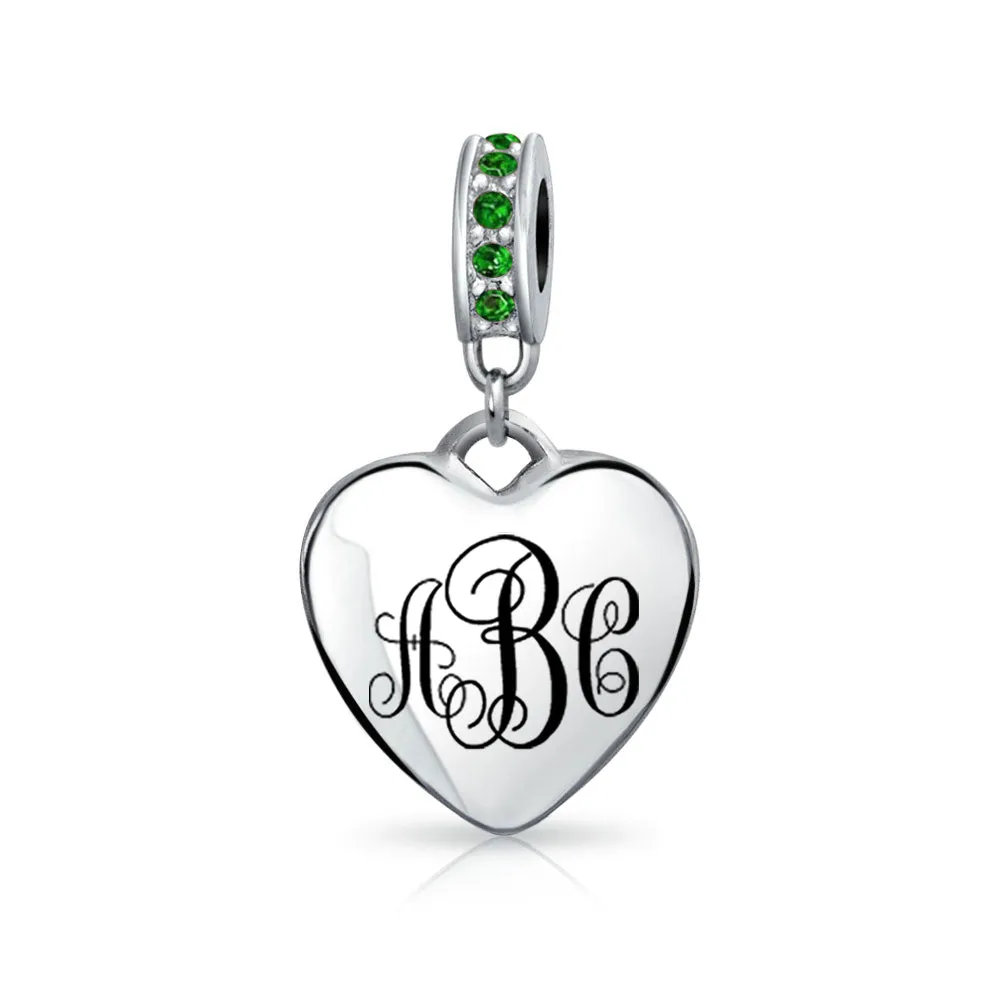 Crystal Accent Dangle Heart Shape Charm Bead .925 Sterling Silver