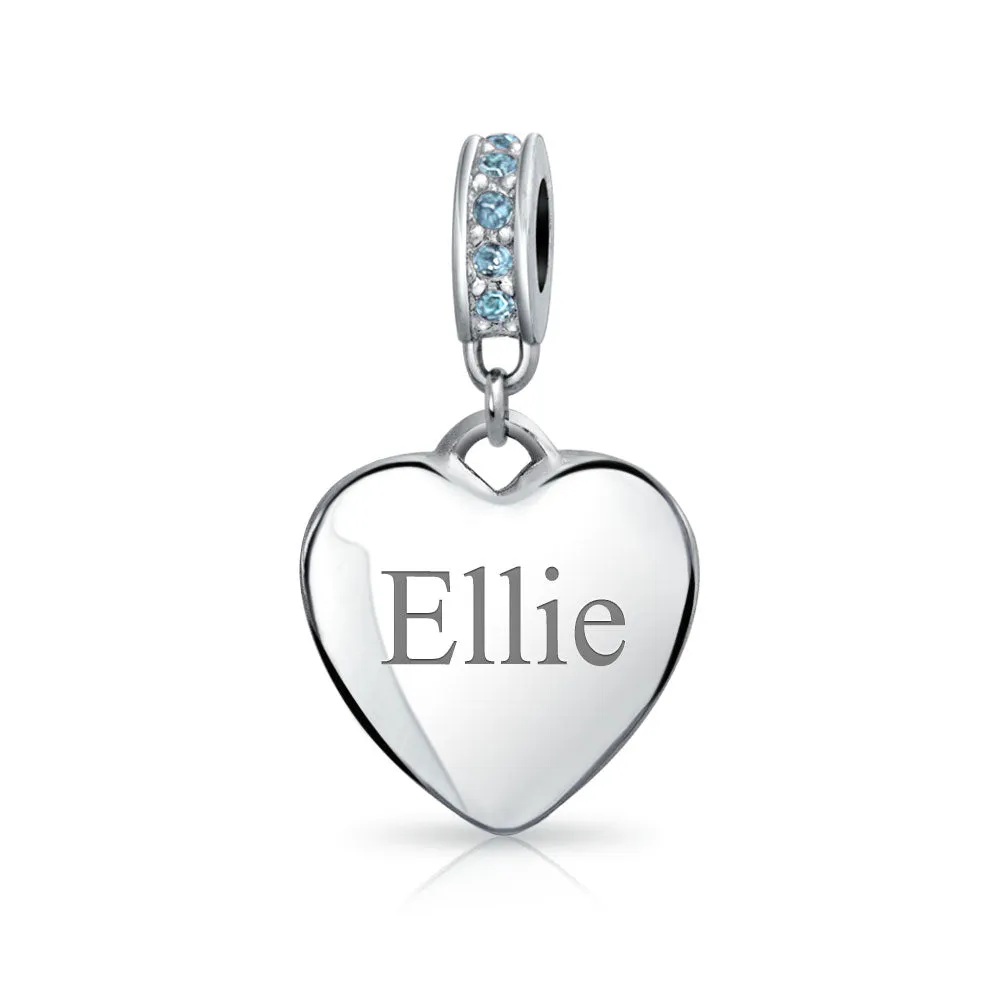 Crystal Accent Dangle Heart Shape Charm Bead .925 Sterling Silver
