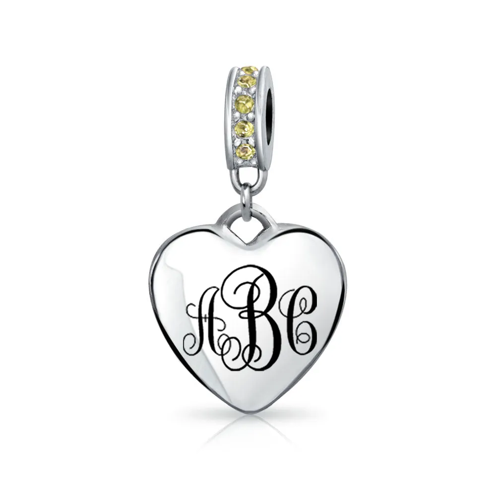 Crystal Accent Dangle Heart Shape Charm Bead .925 Sterling Silver