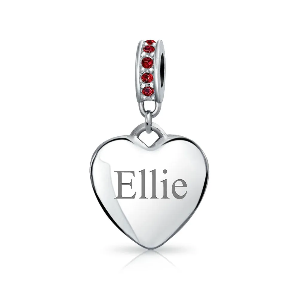 Crystal Accent Dangle Heart Shape Charm Bead .925 Sterling Silver
