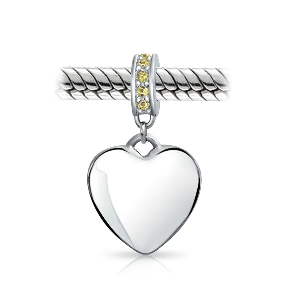 Crystal Accent Dangle Heart Shape Charm Bead .925 Sterling Silver