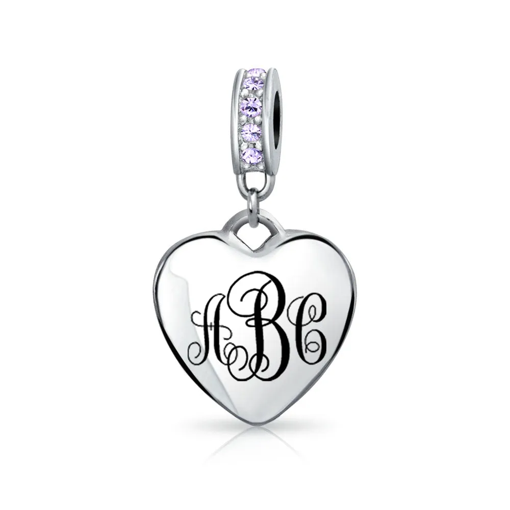Crystal Accent Dangle Heart Shape Charm Bead .925 Sterling Silver
