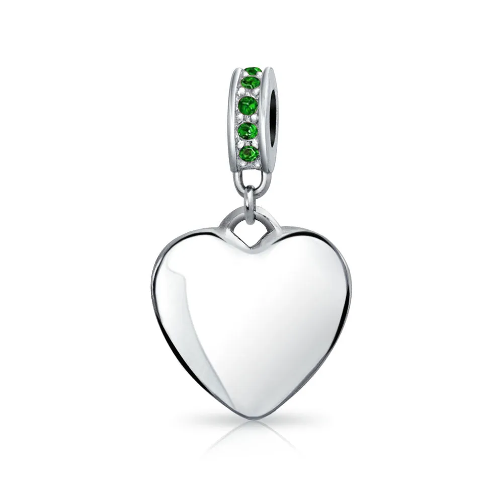 Crystal Accent Dangle Heart Shape Charm Bead .925 Sterling Silver