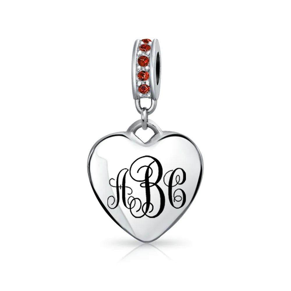 Crystal Accent Dangle Heart Shape Charm Bead .925 Sterling Silver