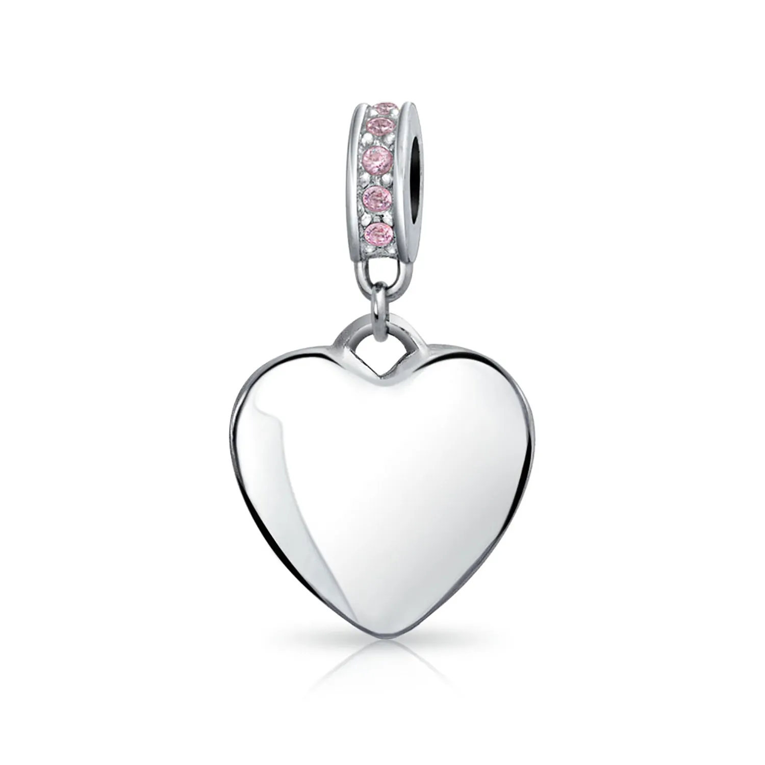 Crystal Accent Dangle Heart Shape Charm Bead .925 Sterling Silver