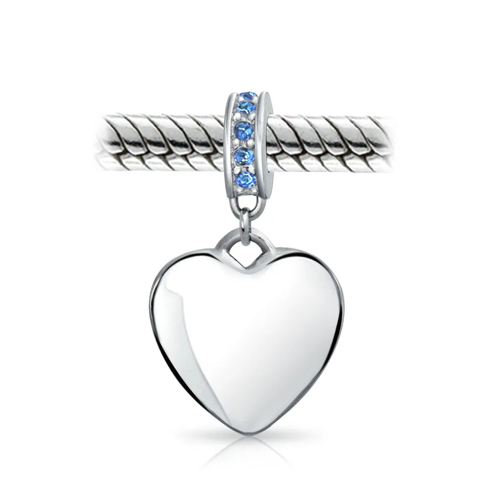 Crystal Accent Dangle Heart Shape Charm Bead .925 Sterling Silver
