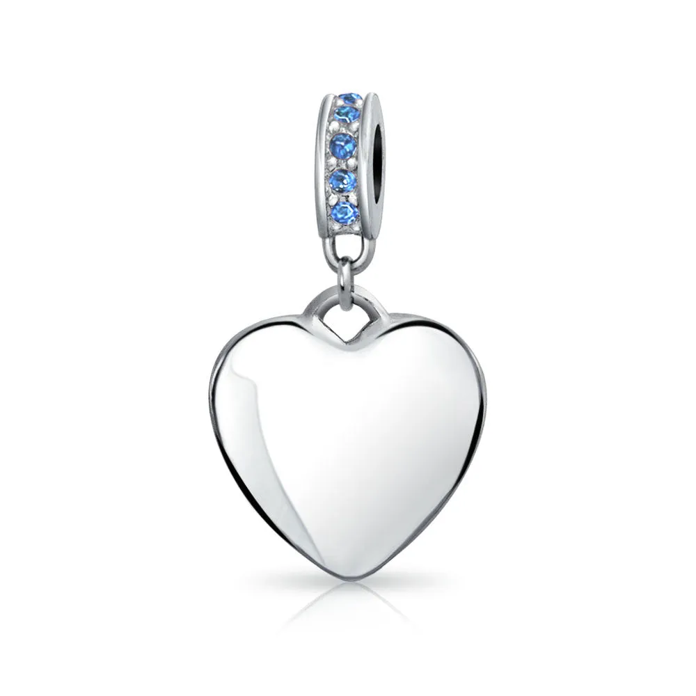 Crystal Accent Dangle Heart Shape Charm Bead .925 Sterling Silver
