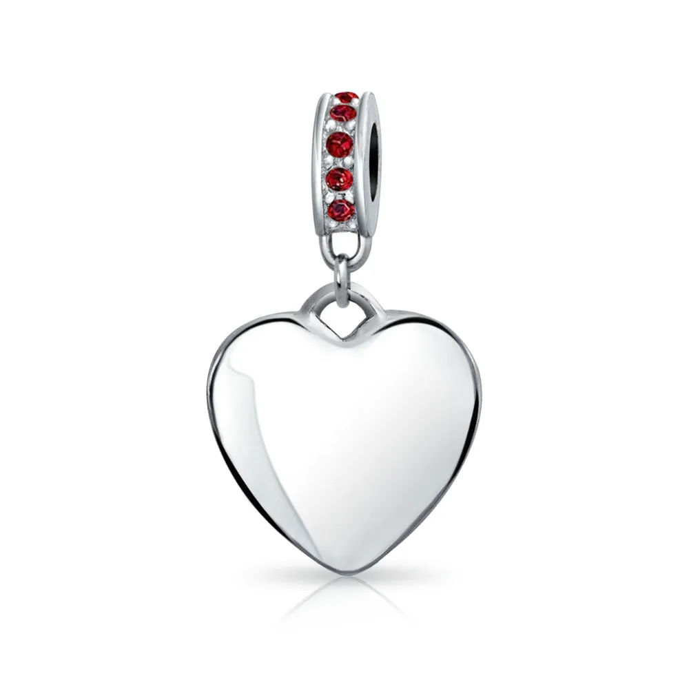 Crystal Accent Dangle Heart Shape Charm Bead .925 Sterling Silver