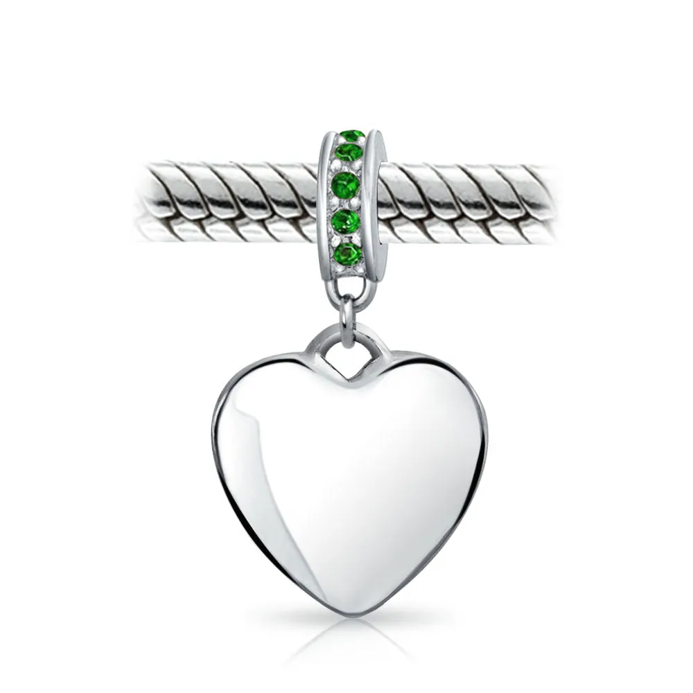 Crystal Accent Dangle Heart Shape Charm Bead .925 Sterling Silver