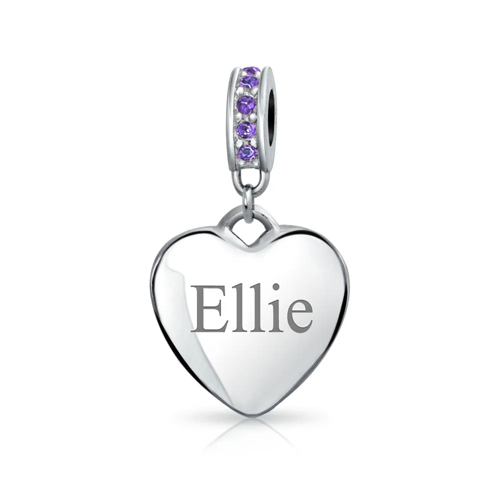 Crystal Accent Dangle Heart Shape Charm Bead .925 Sterling Silver