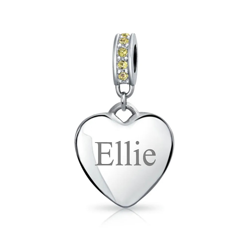 Crystal Accent Dangle Heart Shape Charm Bead .925 Sterling Silver