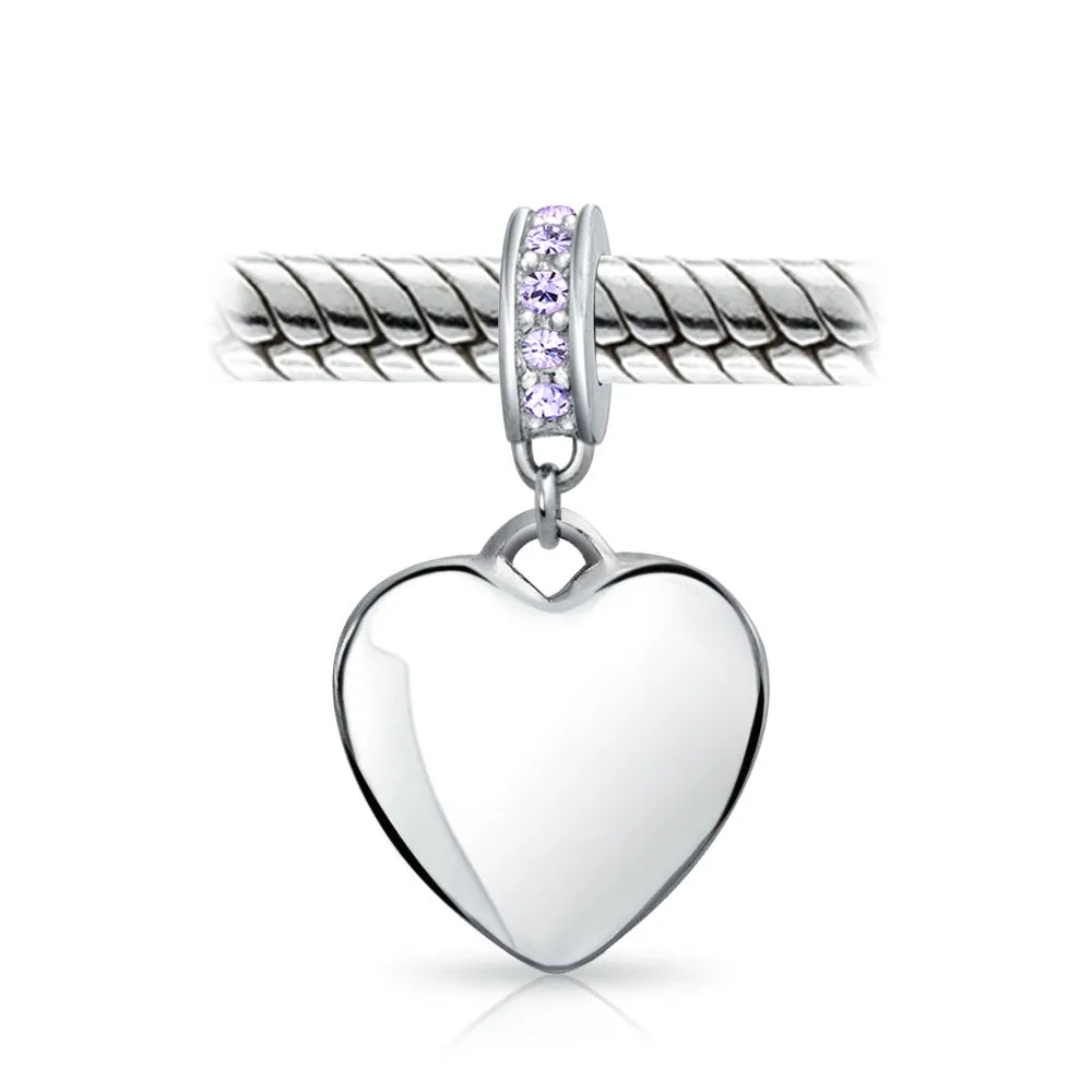 Crystal Accent Dangle Heart Shape Charm Bead .925 Sterling Silver
