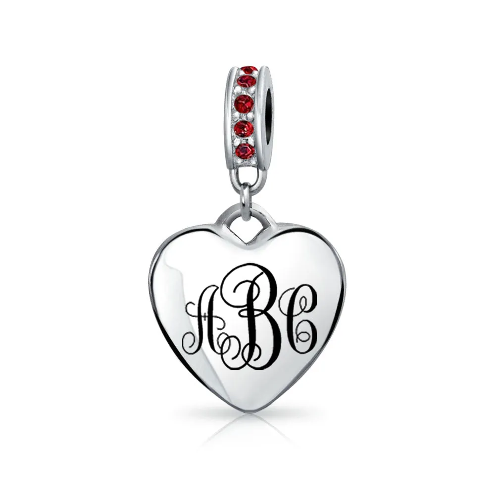 Crystal Accent Dangle Heart Shape Charm Bead .925 Sterling Silver