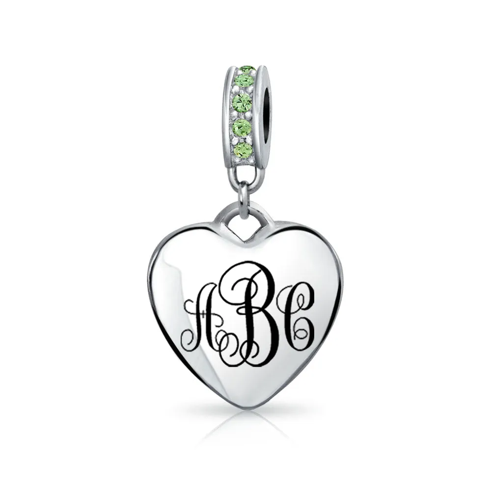 Crystal Accent Dangle Heart Shape Charm Bead .925 Sterling Silver