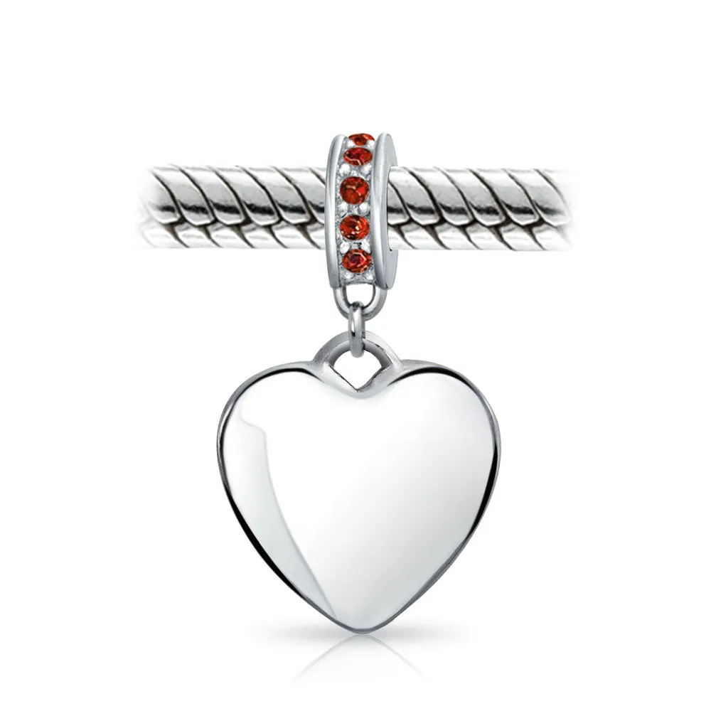 Crystal Accent Dangle Heart Shape Charm Bead .925 Sterling Silver
