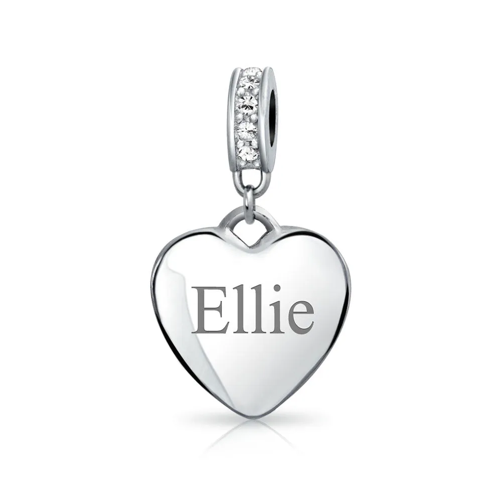 Crystal Accent Dangle Heart Shape Charm Bead .925 Sterling Silver