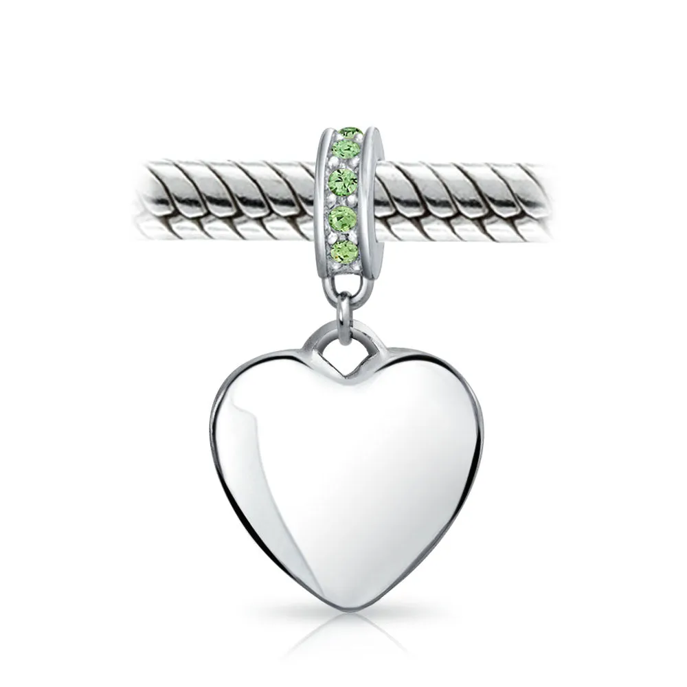 Crystal Accent Dangle Heart Shape Charm Bead .925 Sterling Silver