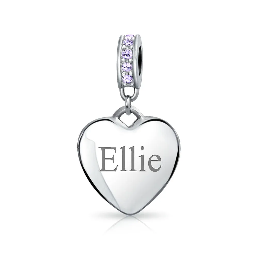 Crystal Accent Dangle Heart Shape Charm Bead .925 Sterling Silver
