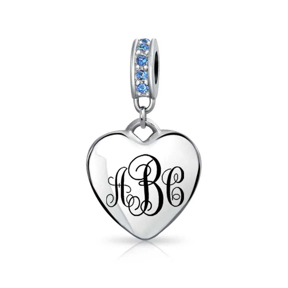 Crystal Accent Dangle Heart Shape Charm Bead .925 Sterling Silver