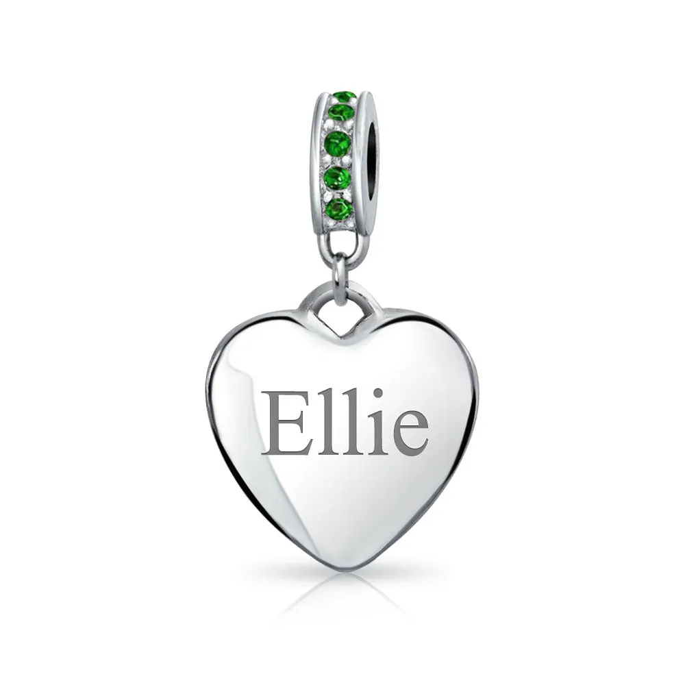 Crystal Accent Dangle Heart Shape Charm Bead .925 Sterling Silver