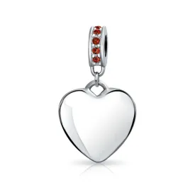 Crystal Accent Dangle Heart Shape Charm Bead .925 Sterling Silver
