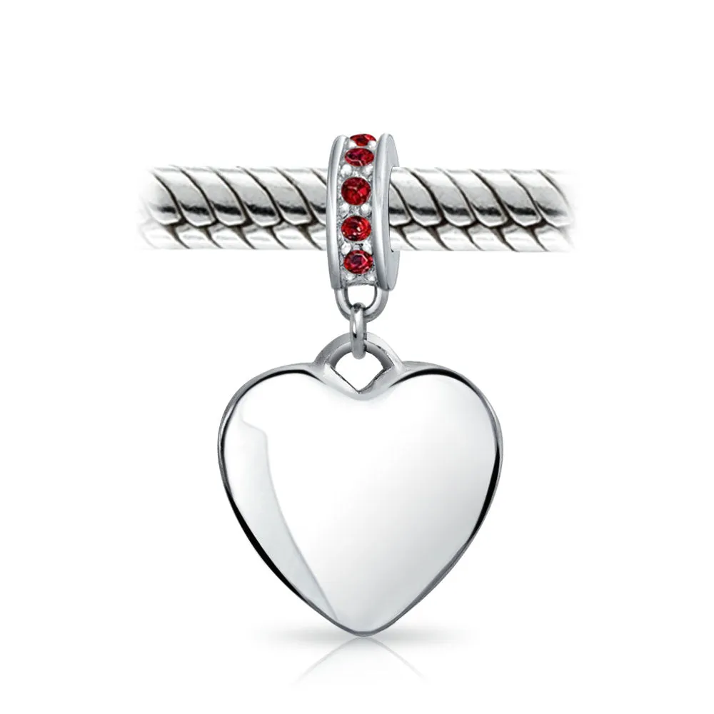 Crystal Accent Dangle Heart Shape Charm Bead .925 Sterling Silver